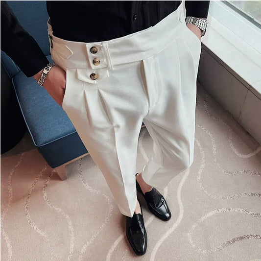 2025 primavera otoño hombres cintura alta cinturón diseño Casual ajustado vestido Formal pantalón hombres Oficina Social vestido de fiesta de boda traje pantalones